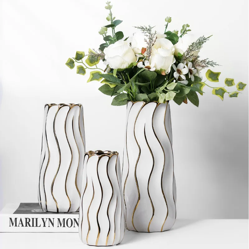 Простая Современная позолоченная полоса белая темно-зеленая керамическая ваза