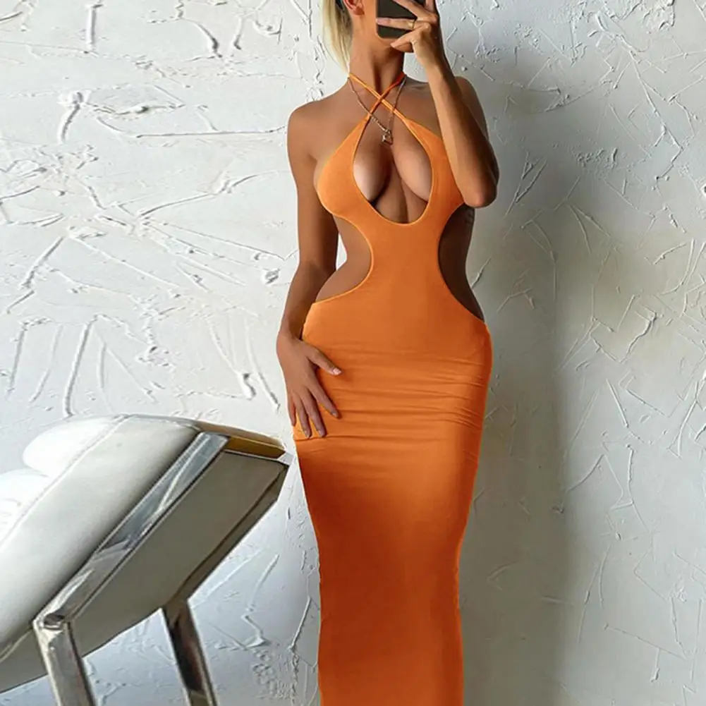 

2022 Cut Y2K Long Dress Backless Front Hollow Push Up Hip Wrap Maxi Dress Halter Bodycon Women Long Dress Club Wear vestido