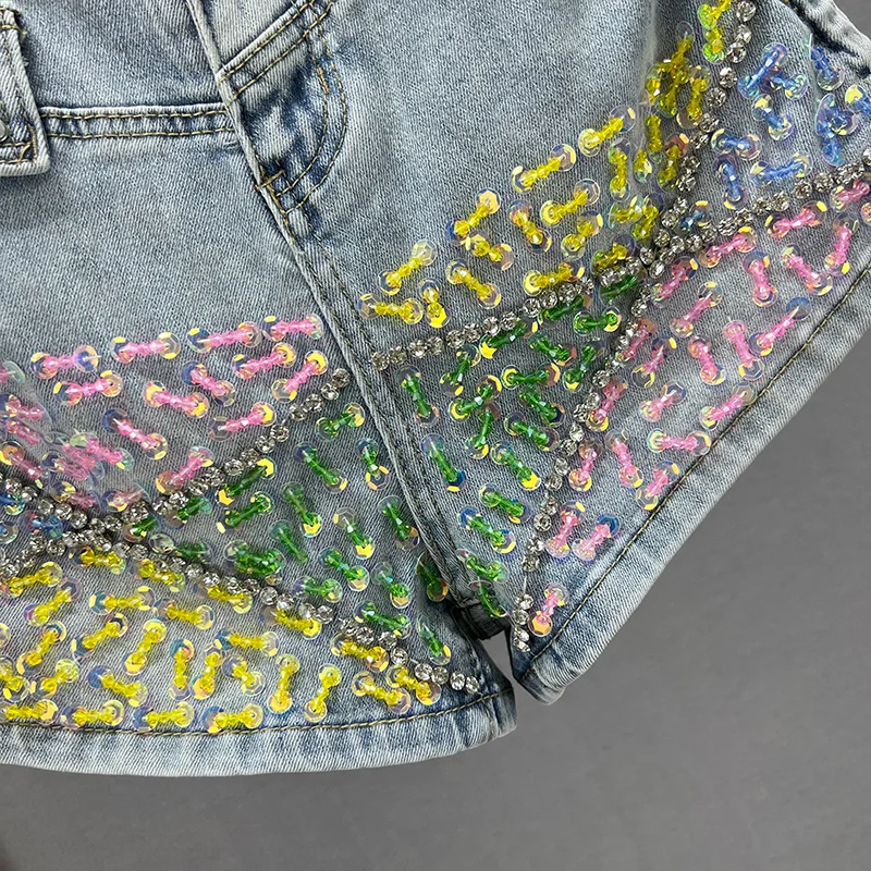 Sequined Denim Shorts For Women 2023 Summer Stretch High Waist Slim Fit Slimming Exquisite Rhinestone Wide Leg Jeans Hot Pants