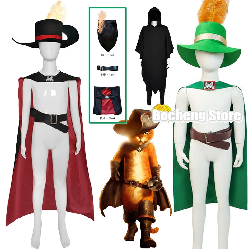 

Anime Puss in Boots Cosplay Kids The Last Wish Cosplay Costume Children Cloak Hat Belt Suits Adult Halloween Costume