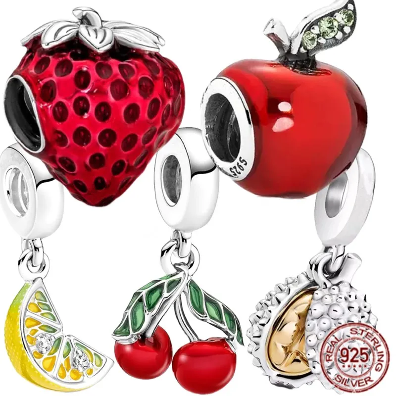 925 Sterling Silver Fit Original Pandora Bracelet Fruit Series Strawberry Cherry Durian Lemon Apple Charm Bead DIY Jewelry Gift