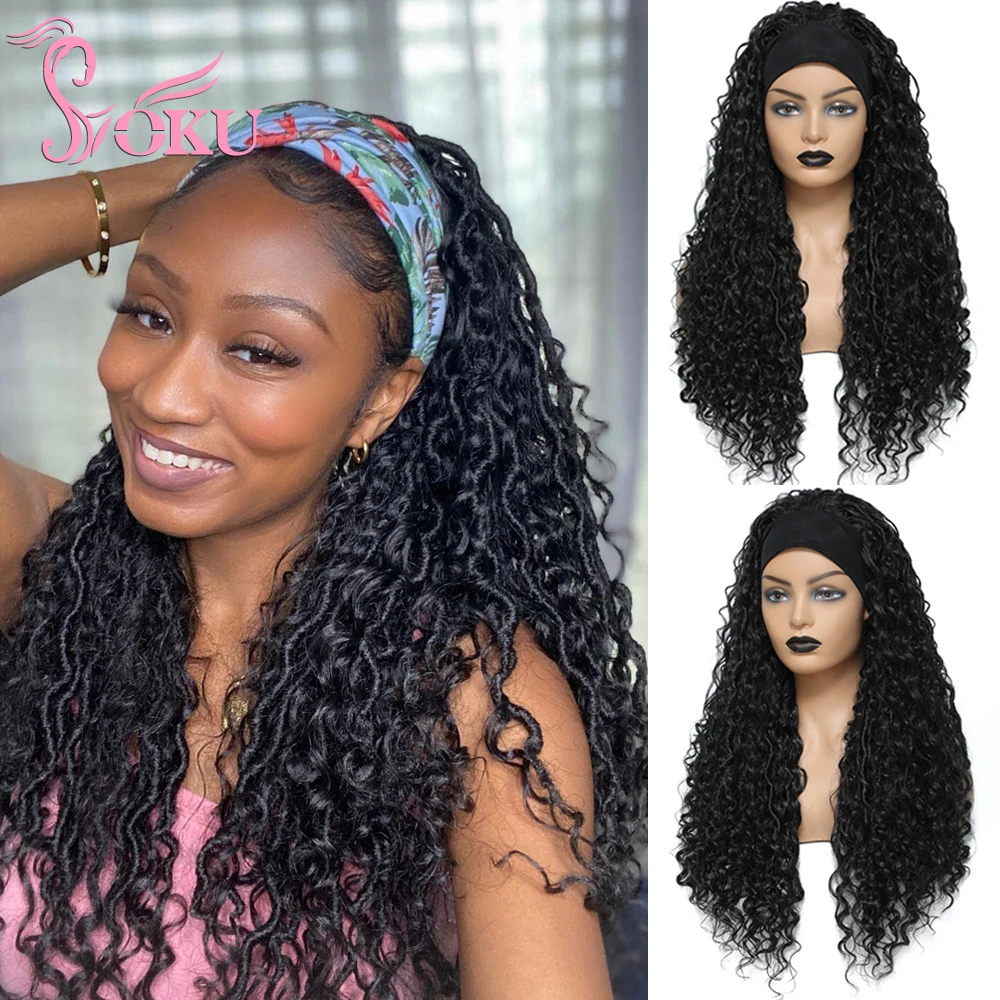 Curly Faux Locs Braid Wig with Headband 24 Inch Crochet Hair Dreadlocks Braided Wigs Soku Black Synthetic Headband Wig for Women