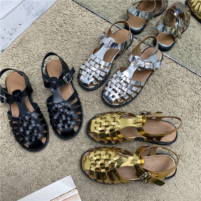 

Korean Weave Gladiator Sandals Women Cross Band Flat Summer Shoes Woman Buckle Strap Sandales Cut Out Knitted Sandalias 2023