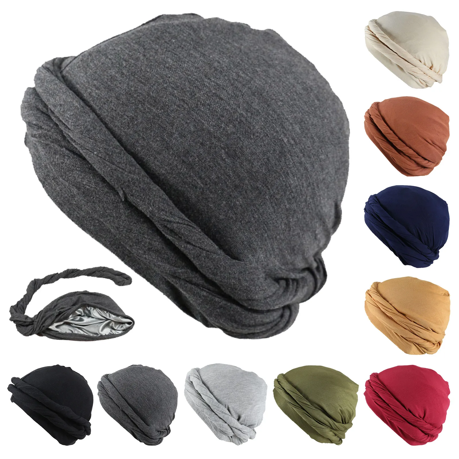 

National Men's Turban Hat New Elastic Turban Indian Hat Men'S Fashion Hat Beanie Halo Hat One Piece Silky Lined Durag Head Wrap