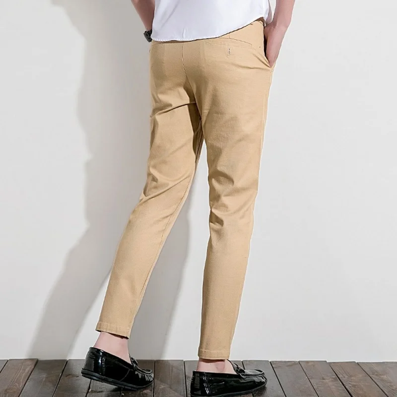 Skinny Pants Men Korean Fashion Lightweight Casual Pants Khaki Solid Color Men 9 Part Ankle Length Streetwear Trousers Thin