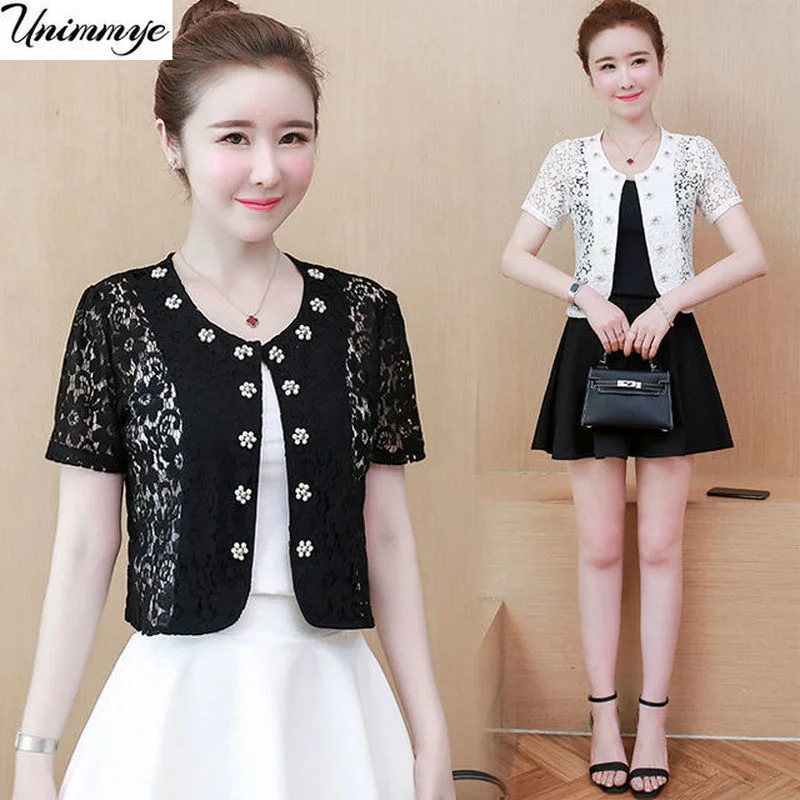 

Short-sleeved Shawl Women's Summer White Short Coat Lace Sun Protection Clothing Cardigan Thin Air-conditioning Shirt J561