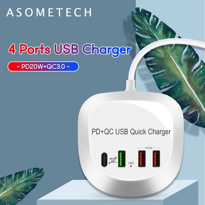 4 порта USB-зарядное устройство-концентратор 20 Вт PD QC3.0 Быстрая зарядка 3 0 Зарядное
