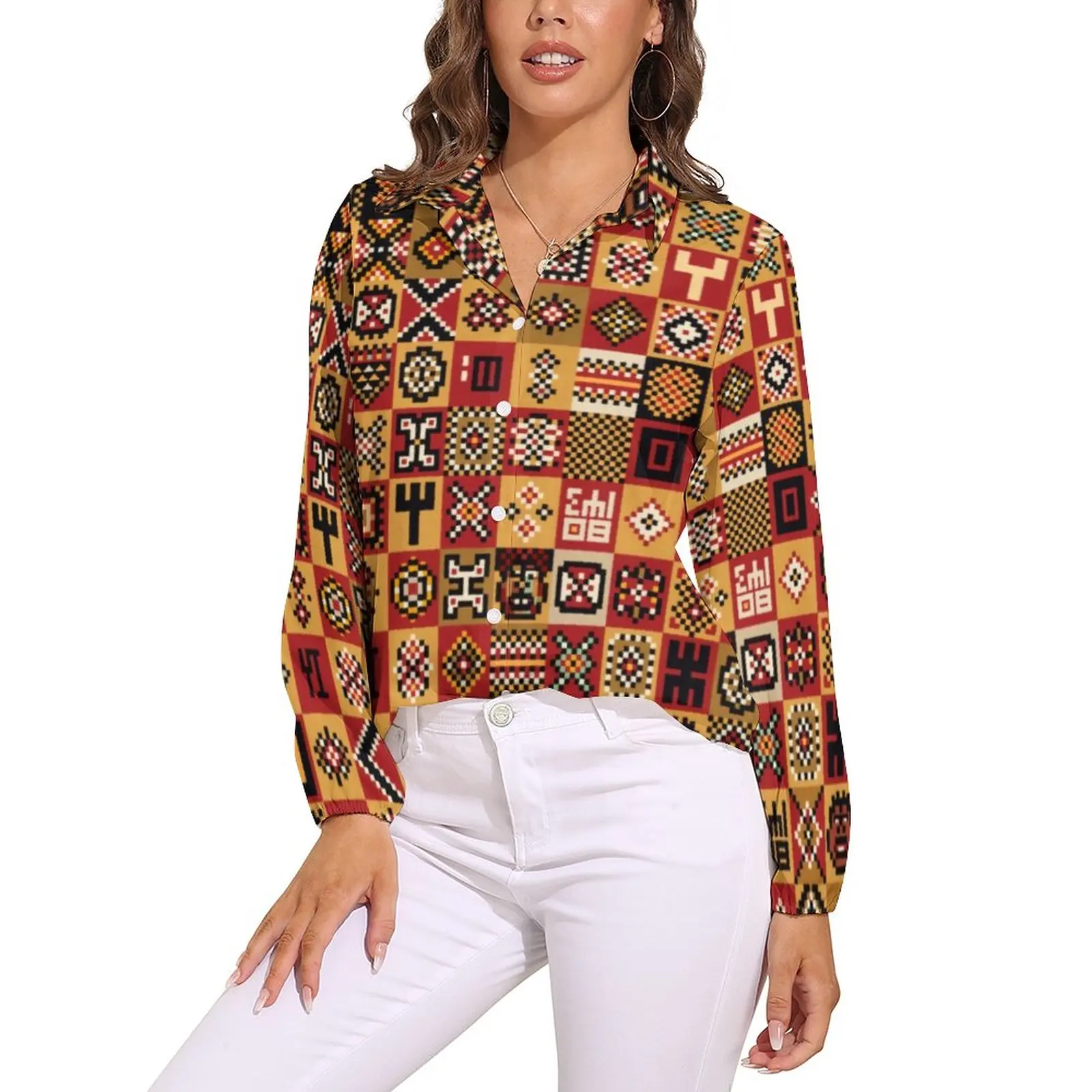 

African Abstract Loose Blouse Checkerboard Print Streetwear Oversized Blouses Women Long Sleeve Elegant Shirt Graphic Clothes