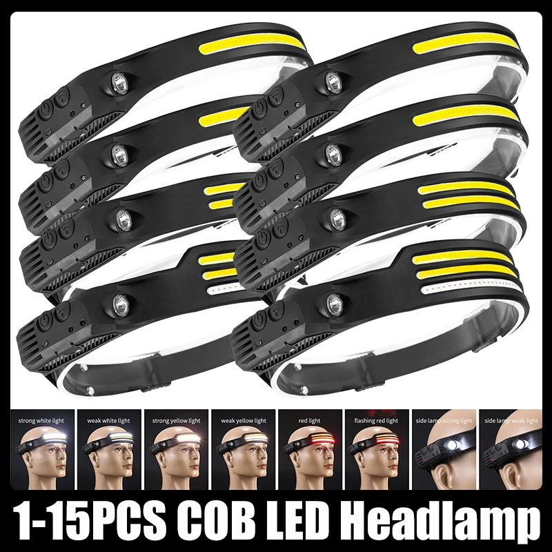 

Светодиодный налобный фонарь, фонарь с аккумулятором USB, 6 режимов, COB XPE, водонепроницаемый, для рыбалки, кемпинга, бега, 1-15 шт.