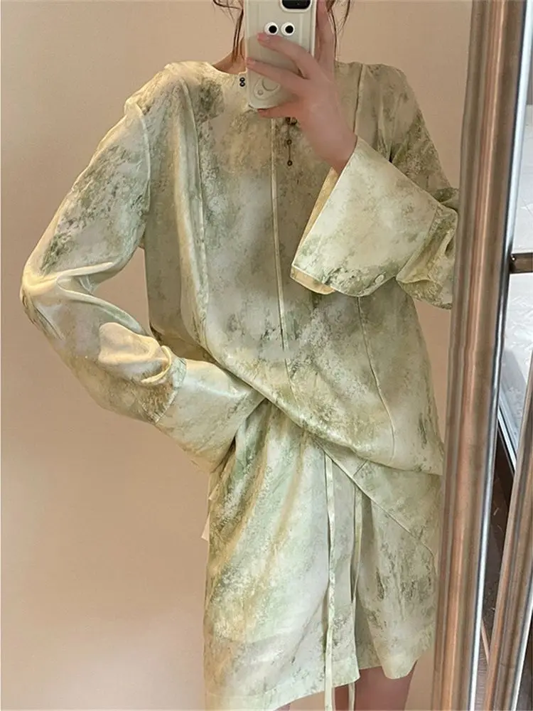 

Women Fashion Ink Painting Print Set Long Sleeve Pullover Shirt or Elastic Waist Lace-up Shorts Suits 2023 New Summer