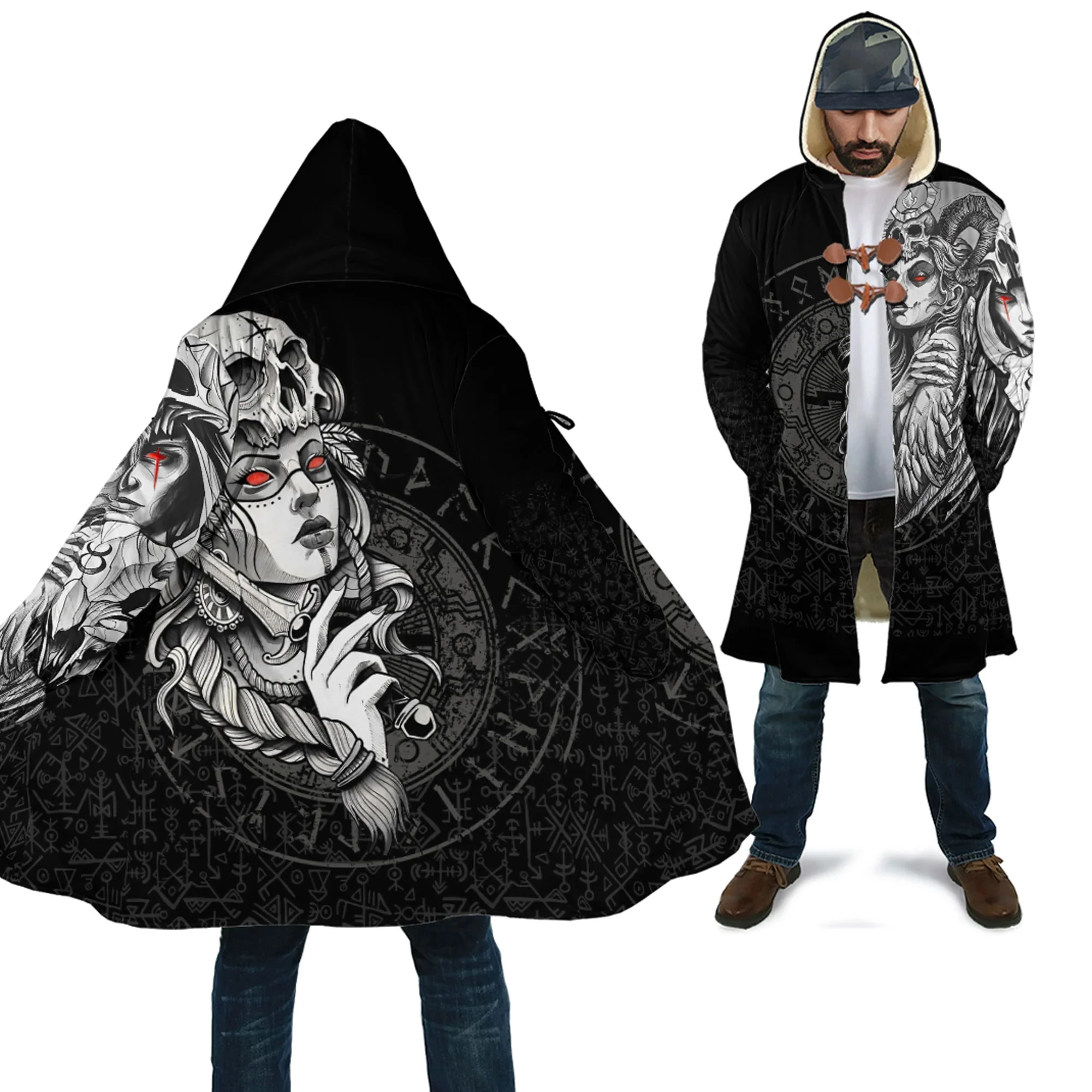 

Зимняя модная мужская накидка с капюшоном с татуировками Odin and Valknut, шерстяная накидка с 3D принтом и капюшоном, Повседневная Толстая термоплащ унисекс, пальто