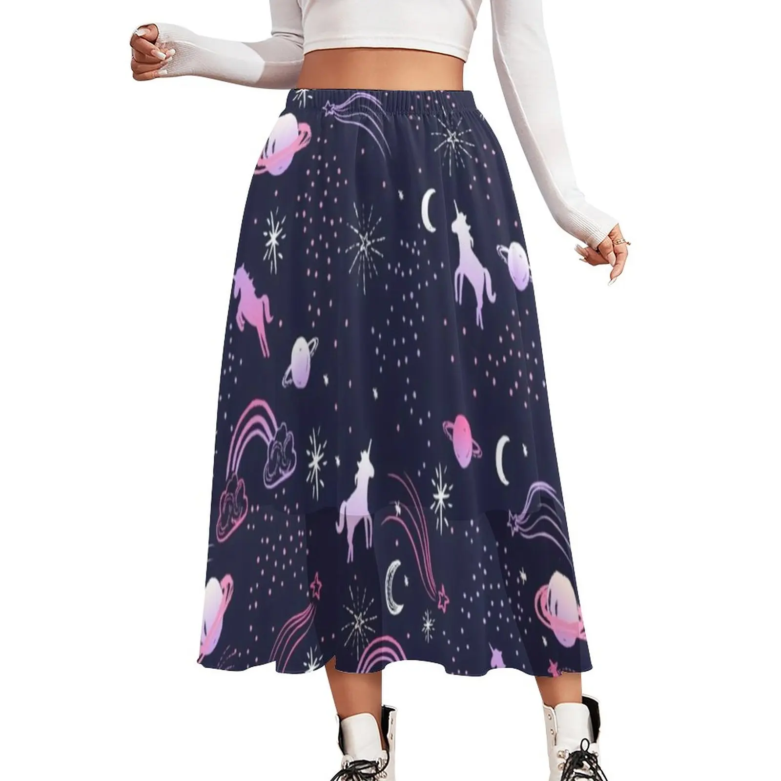 

Unicorns In Space Chiffon Skirt Cartoon Ombre Unicorn Y2K Long Skirts Female Elegant Skirt Elastic Waist Print Clothing Gift