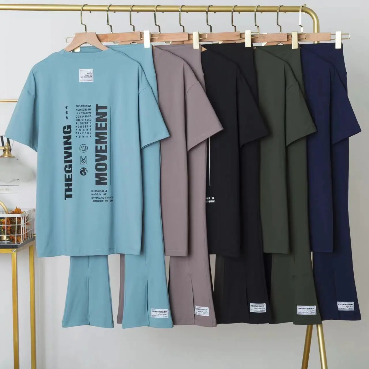 

TGM Women Sportswear Suit Flared Front-Split Pants Short Sleeve T-Shirt Yoga Top Set Fashion Ladies Runing Trouser Two Piece Set
