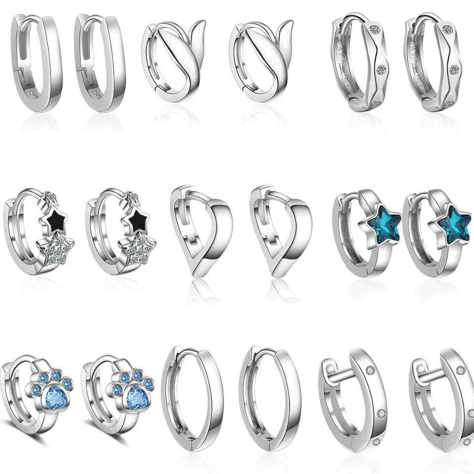 

Luxury Stamp 925 Silver Small Hoop Earrings Crystal Heart Star Huggie Hook Earring Women Female Piercing Brincos