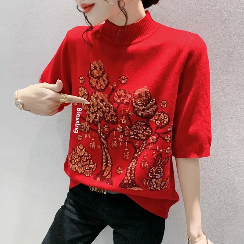 Весна 2023 новый вязаный пуловер с вышивкой в виде года кролика свитер женский