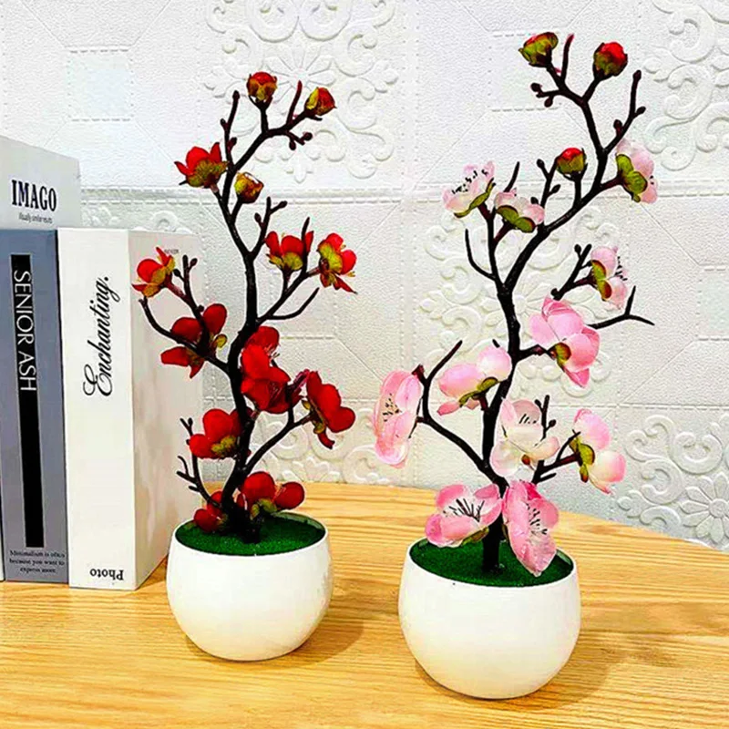 

1pcs Simulation Plum Bonsai Artificial Silk Flowers Plants Potted Winter Plum Branch Blossoms Vases Wedding Home Room Decor