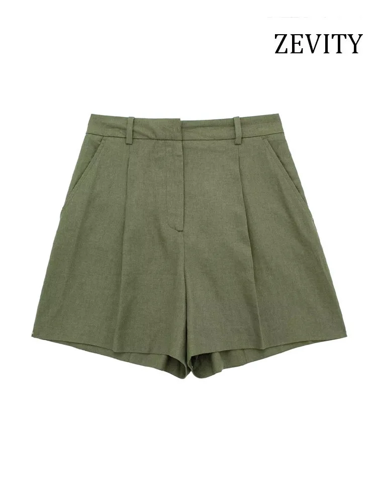 

ZEVITY Women Fashion Front Pockets Linen Basic Bermuda Shorts Vintage High Waist Zipper Fly Female Short Pants Mujer P974