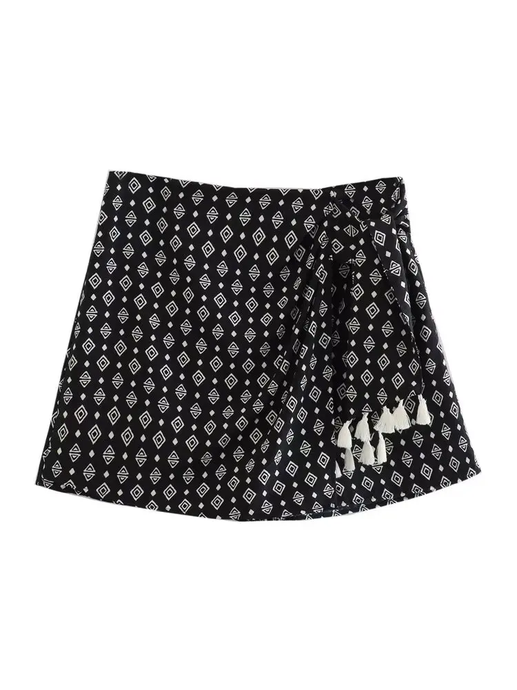 

Kumsvag 2023 Women Summer Shorts Skirts Fashion Vintage Print Tassel Side Drawstring Female Elegant Street Shorts Clothing