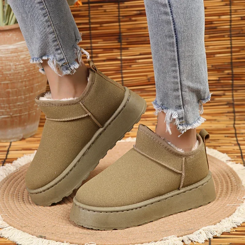 

Женские ботильоны из нубука, однотонные снегоступы на шитье и платформе, женские модные повседневные Зимние новые классические плюшевые ботинки для женщин