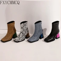 fxycmmcq 2022 autumn and winter new square head stitching fashion boots snake pattern trend womens short boots 1004