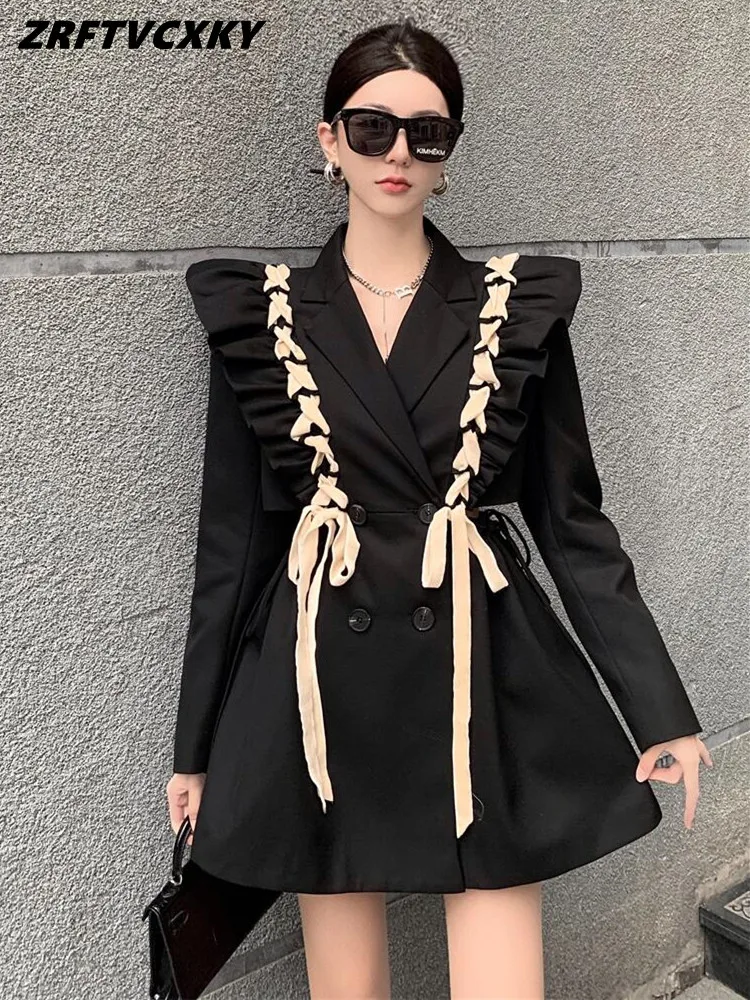 

ZRFTVCXKY New Fashion Ruffle Black Dresses Women Designer Bandage Bow Hollowed Out Waist Mini Dress Ladies Street Style Clothing