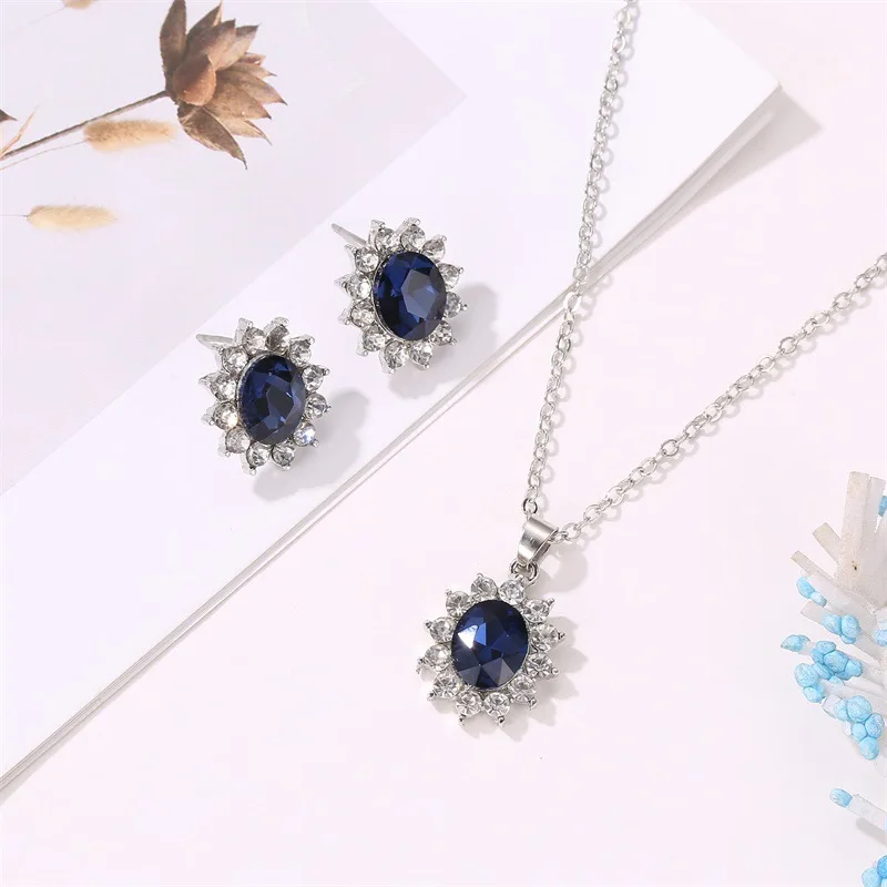 

Popular fashion set jewelry sun flower zirconia earrings tanzanite sapphire necklace pendant Valentine's gift wedding gift