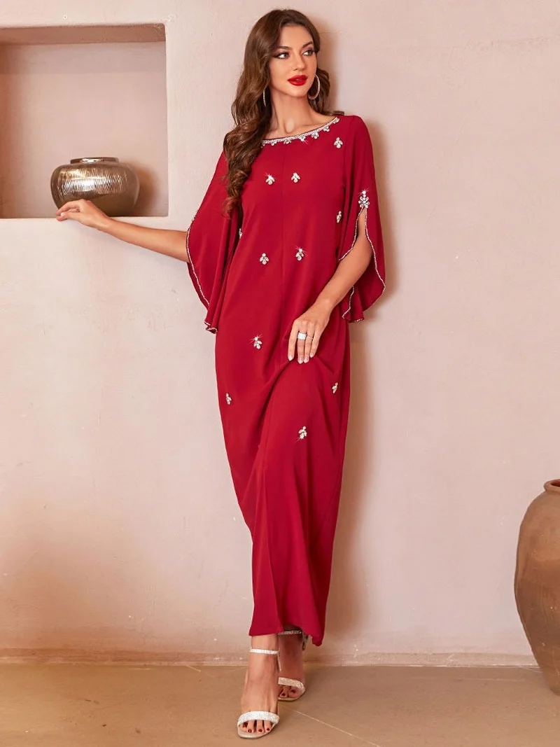 Party Kaftan Arabic Evening Long Dress Women Elegant Moroccan Hand Sew Rhinestones Caftan Dubai Saudi Abaya Muslim Banquet Gown