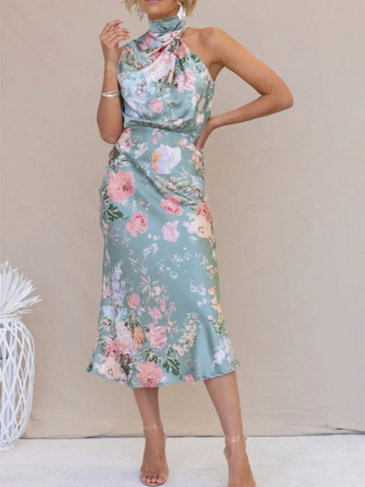 

Богемное летнее праздничное платье для отпуска, платья миди с цветочным принтом в стиле бохо 2023, привлекательный Атласный Женский сарафан без рукавов с высоким воротником H053