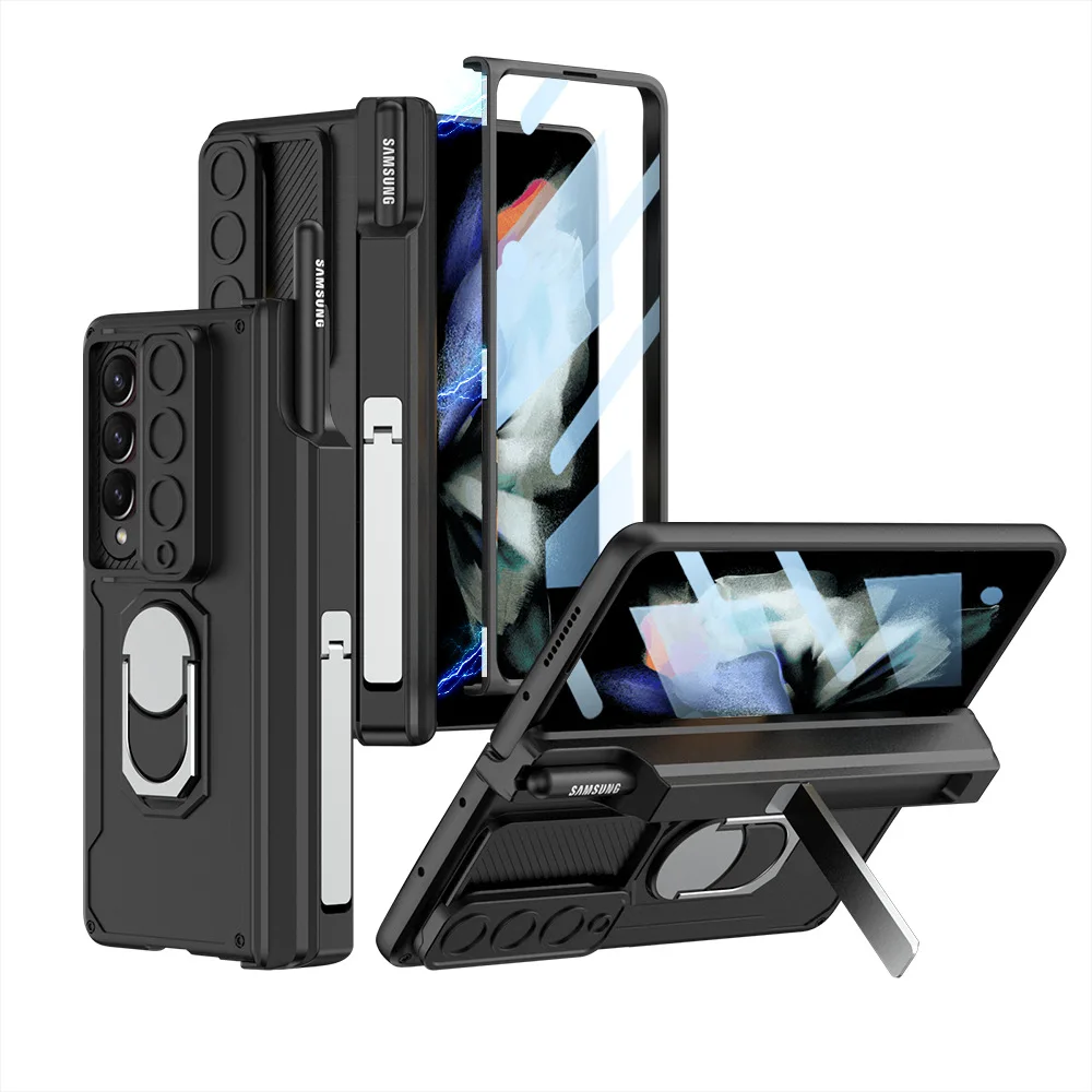 For Samsung Galaxy Z Fold 3 5G Case Magnetic Hinge Slide Lens Finger Bracket Pen Slot Holder Shockproof Cover With Tempered Film