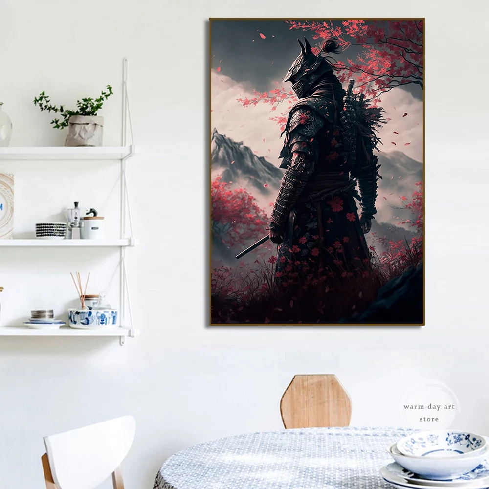 Японские черные и золотые художественные плакаты самурая маска Сакура граффити