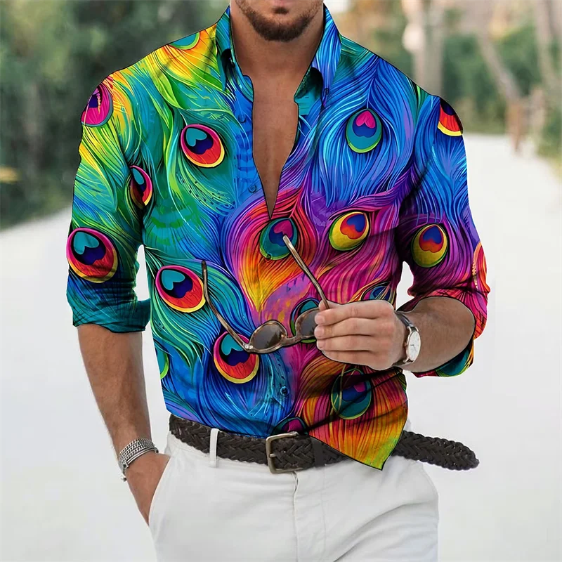

Feathered printed men's shirt Casual fashion comfortable High quality fabric street sports party spring/summer clothing