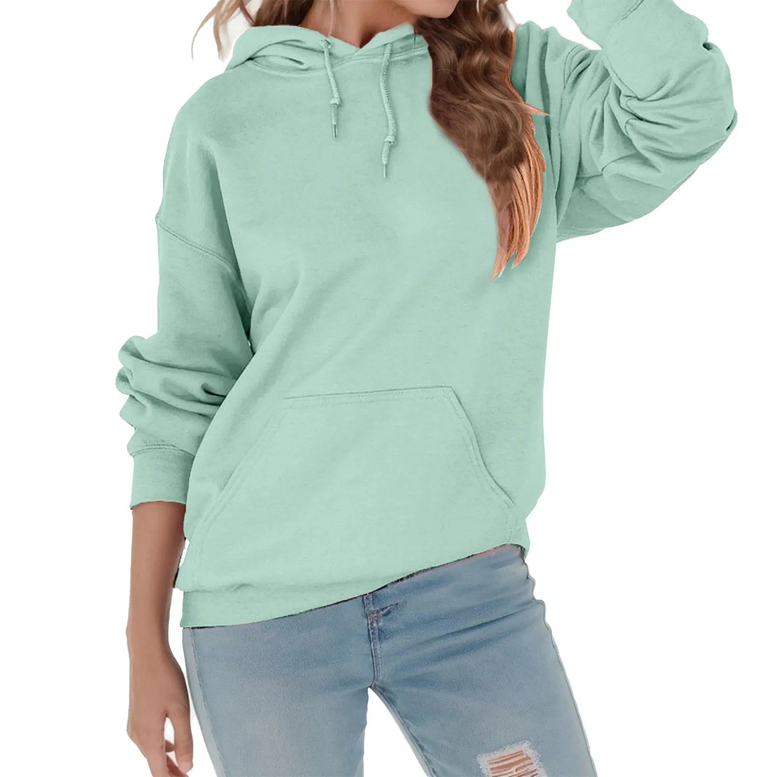 

Womens Solid Color Basic Sweatshirt Loose Long Sleeve Hooded Pullover Casual Daily Pocket Drawstring Hoodies Sudadera Mujer