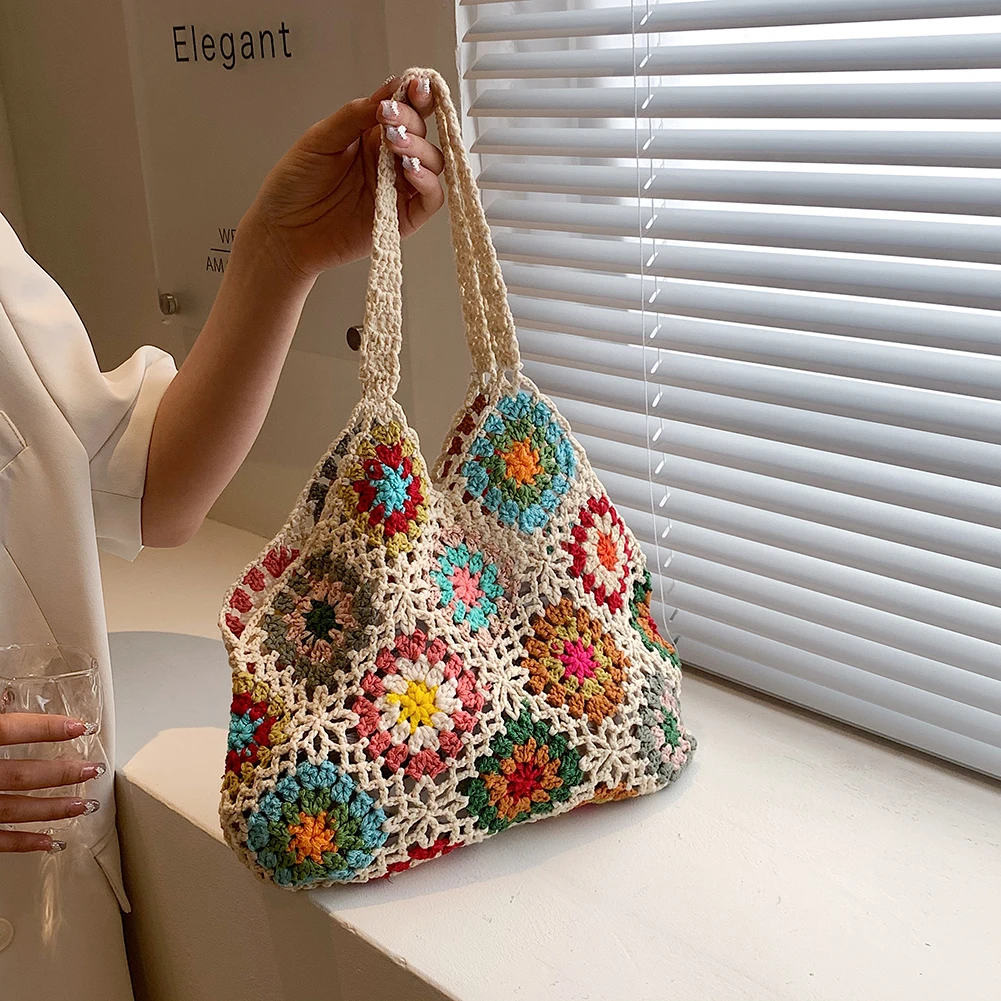

Стильная женская сумка-тоут, вязаный крючком саквояж на плечо с цветами, ажурная вязаная Ретро сумка для покупок, дорожная ручная работа