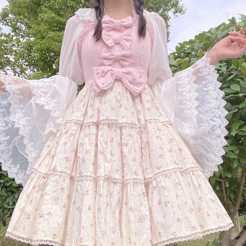 

Japanese Vintage Fashion Princesses Full Sleeve Floral Flowers Bow Chiffon Embroidery A-line Flare Sleeve Sweet woman Dress