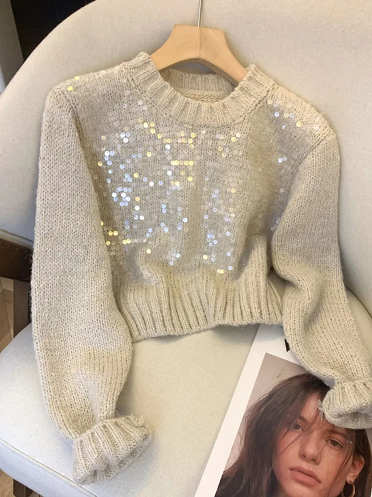 Модные блестящие пуловеры с блестками классический вязаный свитер винтажный