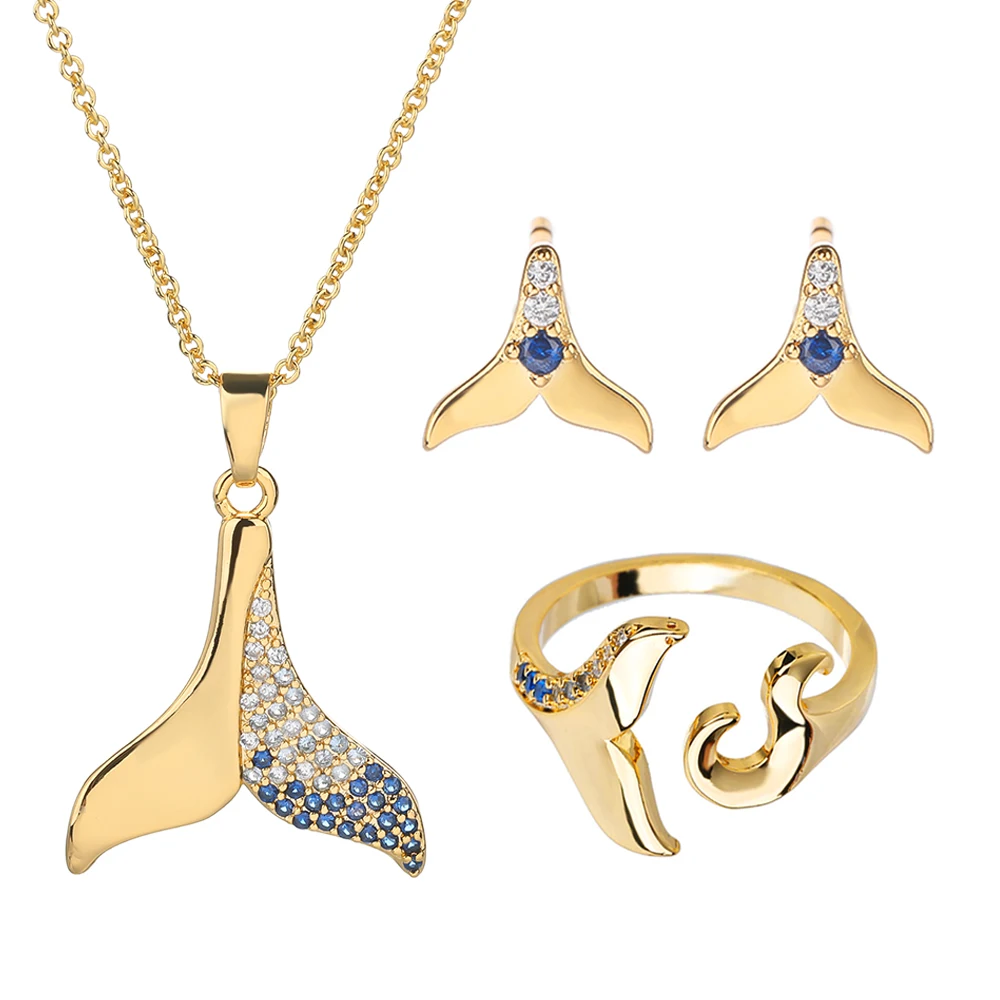 Poulisa Dolphin S925 Jewelry Set Zircon Necklace Ring Stud Earrings Jewellry Cubic Zirconia Studs Earring Rings Necklaces Sets