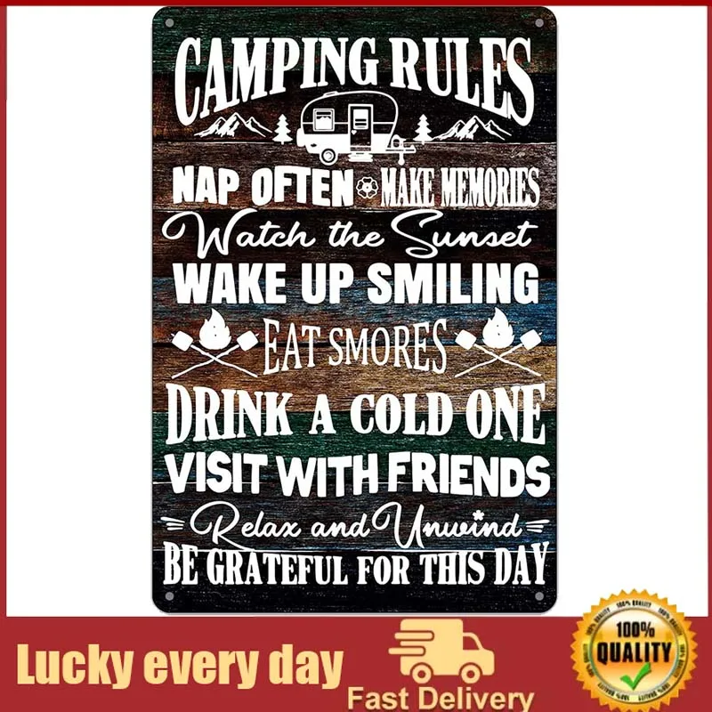 

Funny Camping Rules Metal Tin Sign Wall Decor Farmhouse Rustic Camping Signs for Home Camper Room Decor Gifts