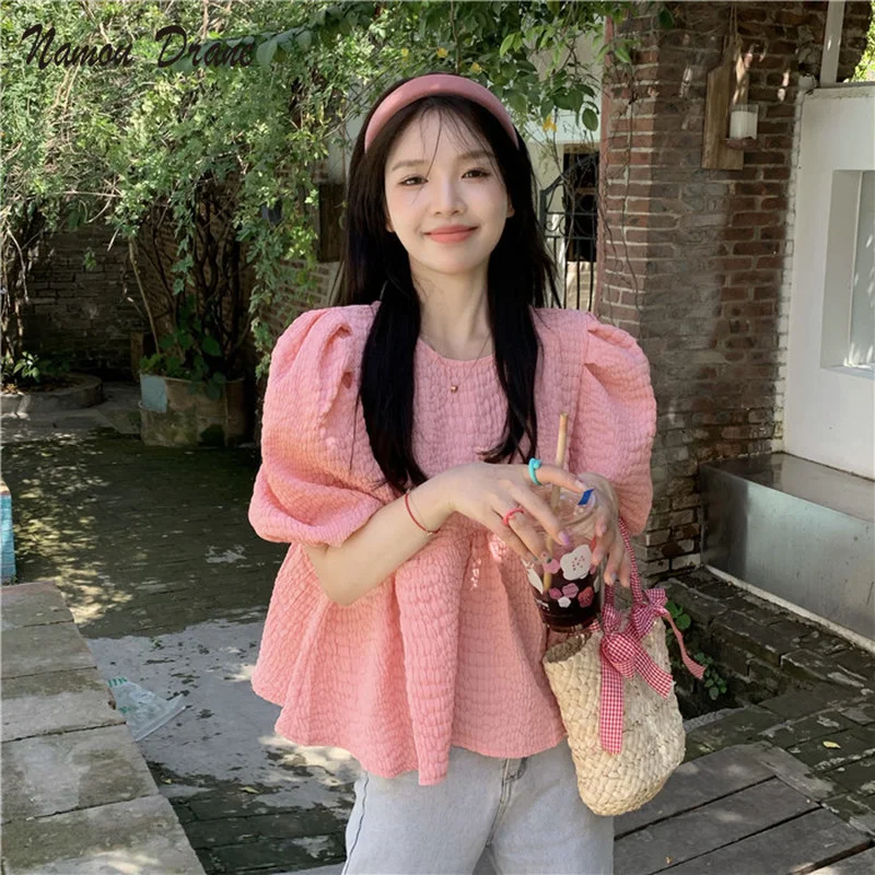 

Namou Drane Korean Chic Puff Sleeve Doll Shirt Sweet Bwo Tie Causal O-neck Blouses 2022 Summer New High Waist Fashion Blusas Top