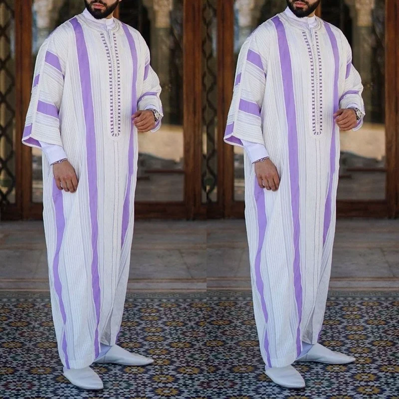 Muslim Mens Pink Long Sleeve Thobe Middle East Saudi Arab Kaftan Islamic Abaya Dress Dubai Robes with Striped Pattern