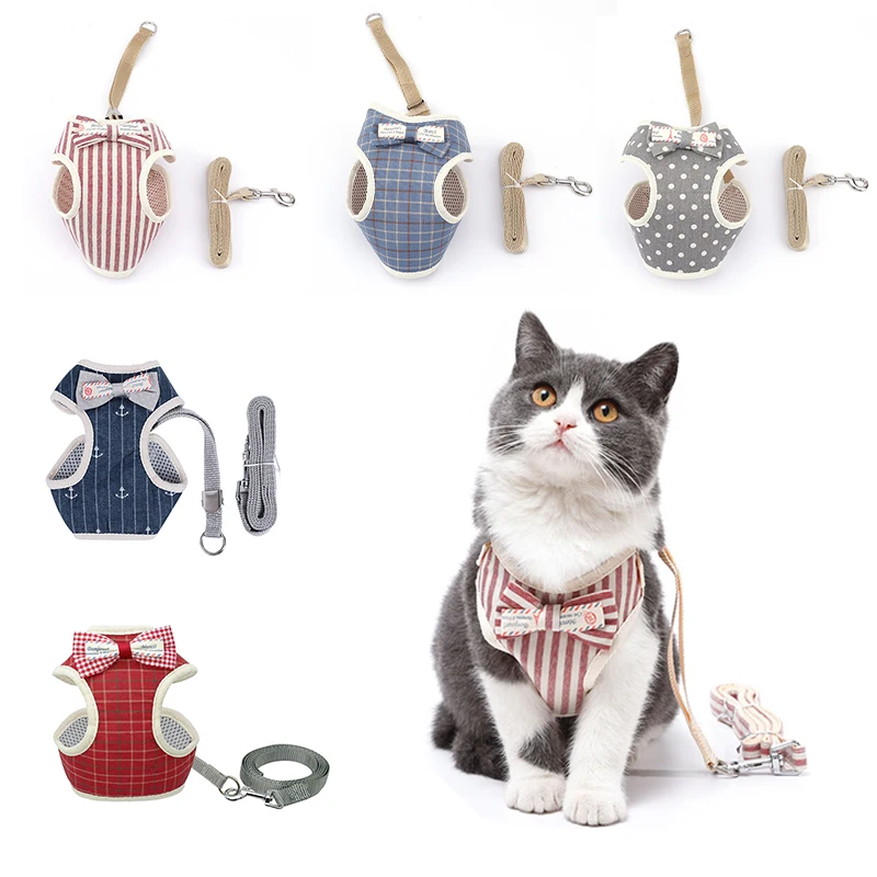 Cat Accessories Bowknot Cat Harness and Leash Set Adjustable Puppy Harness Cat Lead Leash Clothes Nylon Mesh Vest Kitten Collar