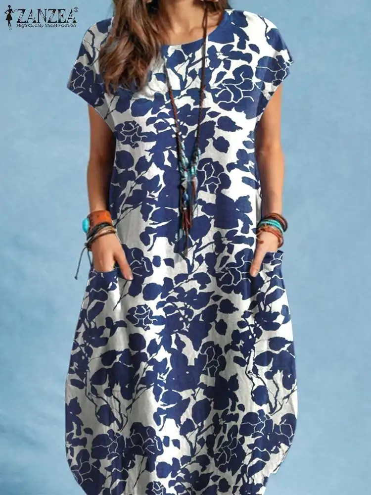 

ZANZEA Women Bohemian Floral Vintage Dress Summer O Neck Short Sleeve Knee Length Sundress Party Elegant Dresses Holiday Vestido