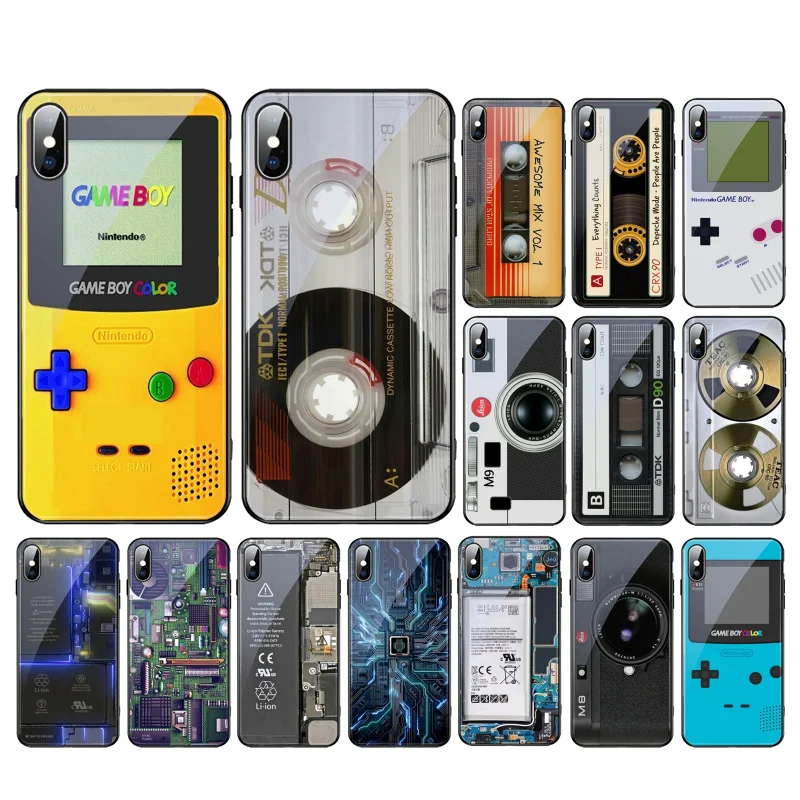 

Vintage Camera Tape battery Game Boy Glass phone case For iphone 14 13 Pro Max For iphone 12 11 Pro Max XS XR X 8 7 Plus SE
