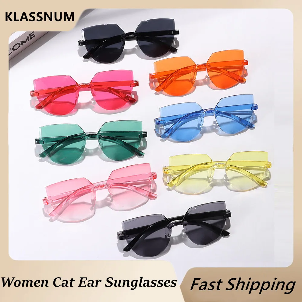 

Fashion Square Rimless Sunglasses Women Trendy Transparent Candy Color Cat Ear Sun Glasses Summer Shades Girl gafas de sol UV400