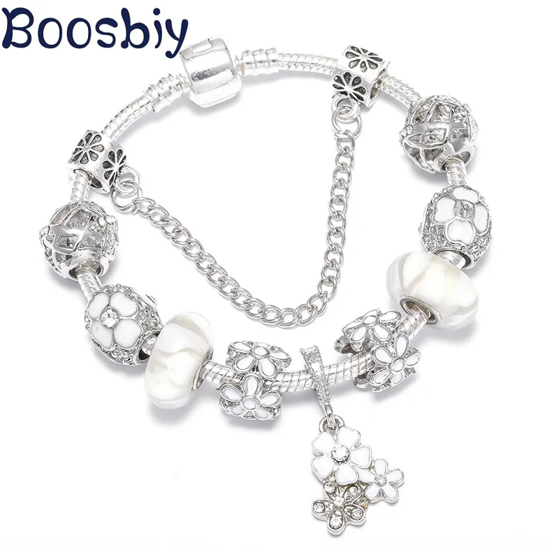 Boosbiy Европейский стиль Браслет и браслет с кристаллами любви цветочными бусинами