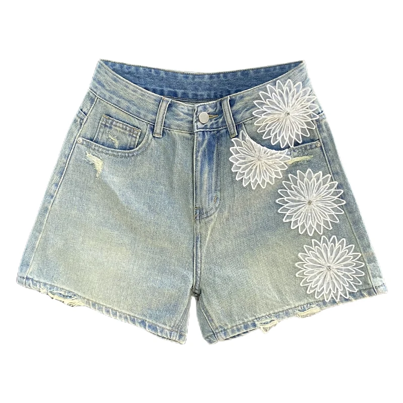 Lace Flower Decorative Denim Shorts Women's Summer 2023 High Waist Straight Niche A- line Slimming Loose-Fitting Hot Pants Tide