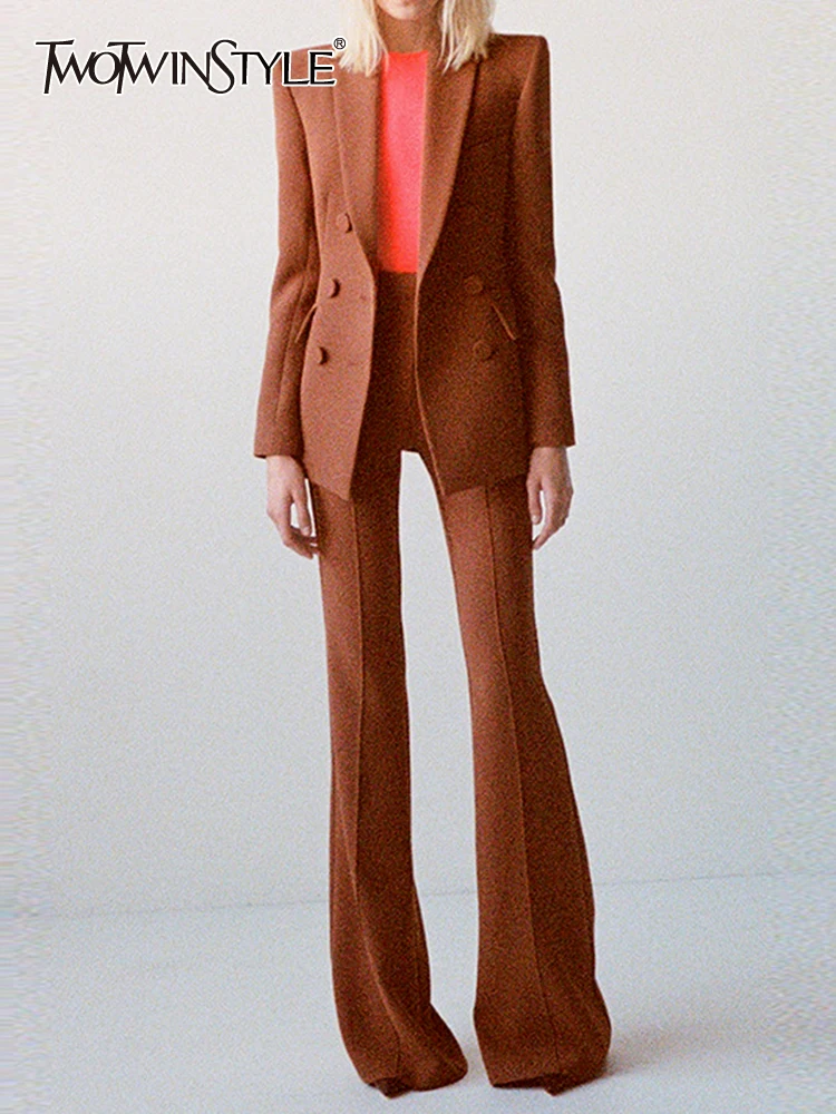 

TWOTWINSTYLE Solid Two Piece Sets For Women Notched Collar Long Sleeve Tops High Waist Spliced Pockets Pants Chic Set Female New