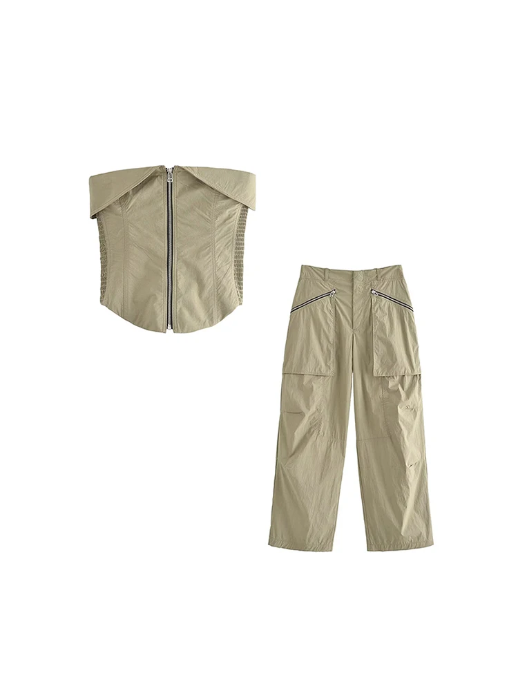 

TRAF 2023 Fashion Women Solid Corset Pant Suit Summer New Slash Neck Back Elastic Design Top With Asymmetric Hem+Pleated Pant