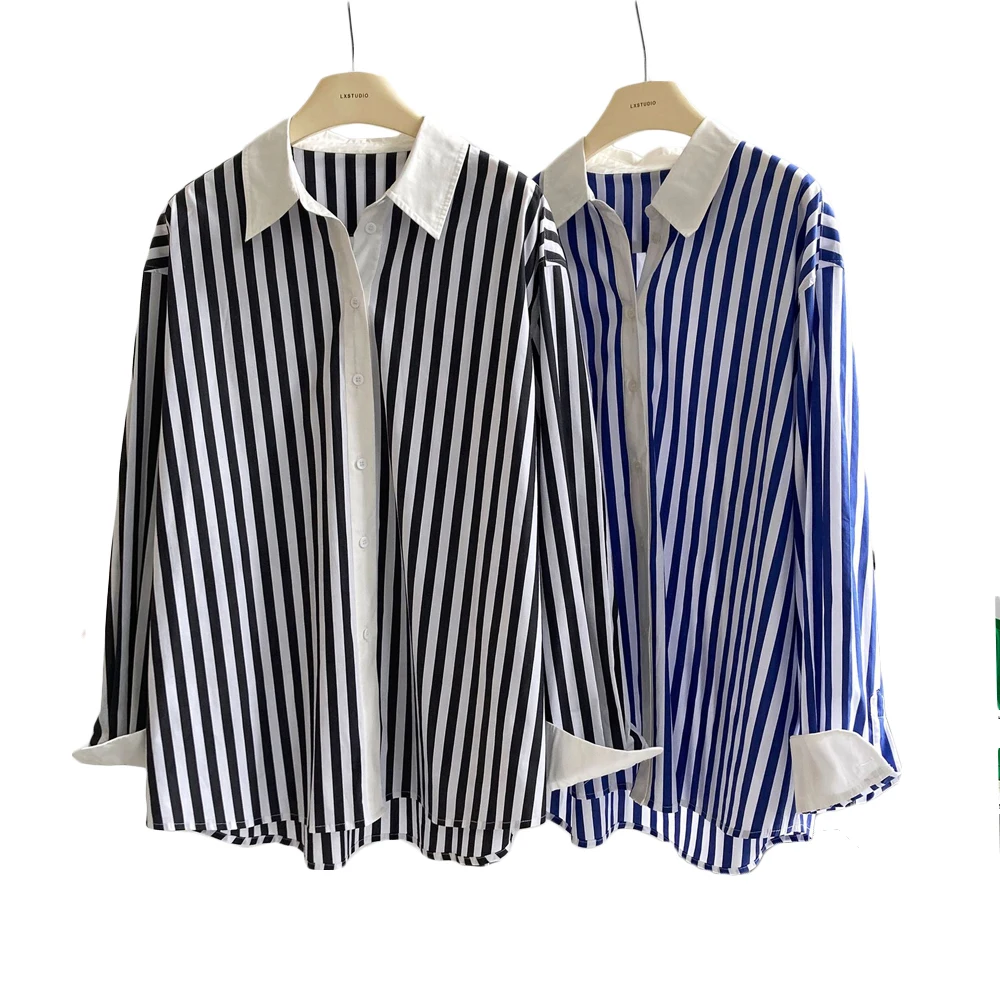

Модные дизайнерские топы в простом стиле рубашки средней длины с длинными рукавами Осенняя рубашка полосатая рубашка свободные женские топы и блузки