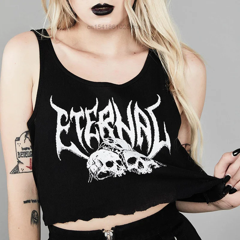 

New Punk Style Open Navel Short Vest Gothic Summer Skulls Print Sexy Streetwear Fashion Harajuku Sleeveless Top Y2k Female Girl