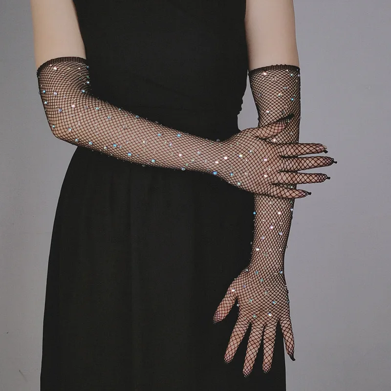 

New Women Sexy Elastic Rhinestones Mesh Full Finger Gloves Flash Diamond Fishing Net Punk Nightclub Stage Performance Long Glove